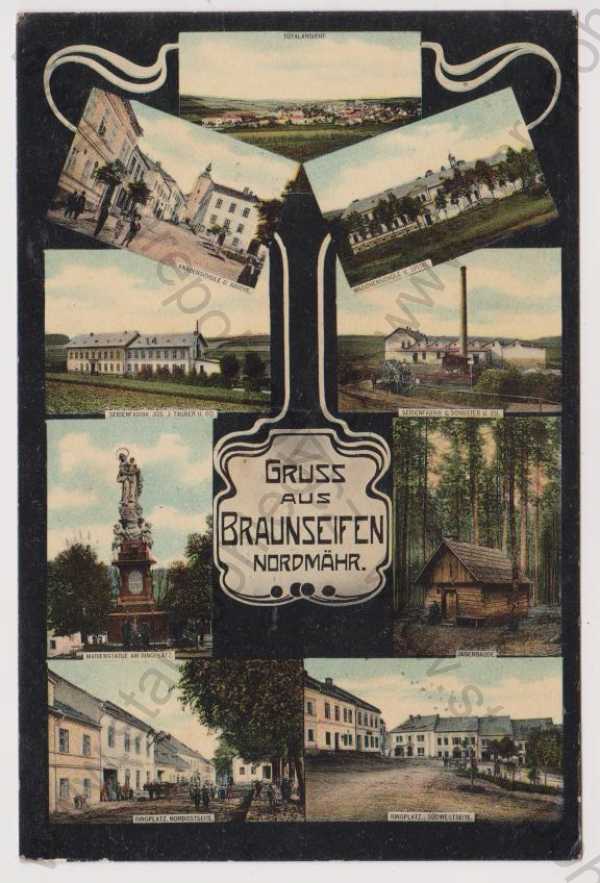  - Rýžoviště (Braunseifen) - celkový pohled, továrna, škola, náměstí, koláž, kolorovaná