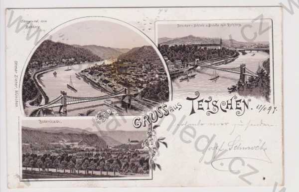  - Děčín (Tetschen) - most a zámek, Podmokly, Horní Žleb, litografie, DA, koláž