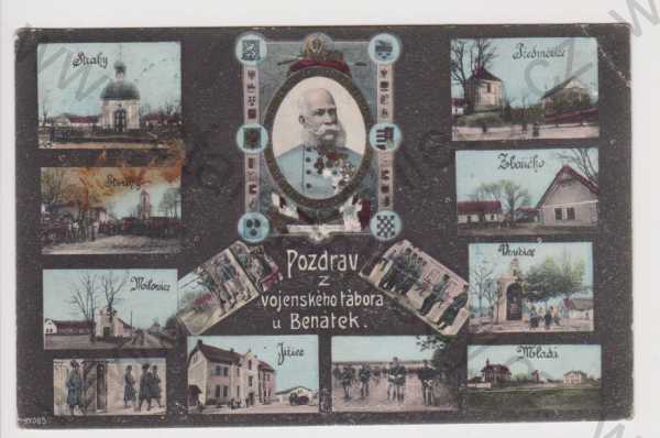  - Benátky nad Jizerou (Nové Benátky) - vojenský tábor, František Josef I., koláž, kolorovaná