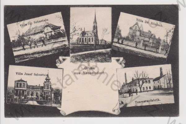  - Kopřivnice (Nesselsdorf) - vila Schustal, kostel, vila Bönisch, továrna, koláž