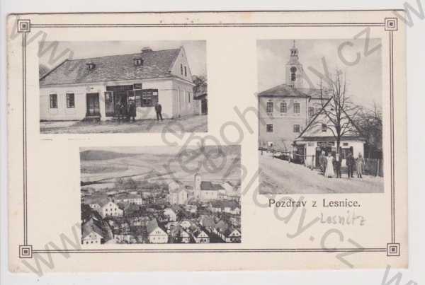  - Lesnice (Lesnitz) - obchod, kostel, celkový pohled