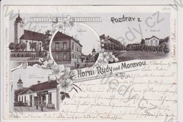  - Horní Rudy nad Moravou - kostel, záložna, obchod Schlinger, nádraží, litografie, DA