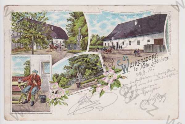 - Vikýřovice (Weikersdorf) - hostinec, exteriér, litografie, DA, koláž, kolorovaná