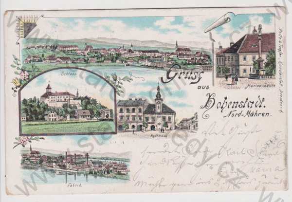  - Zábřeh (Hohenstadt) - celkový pohled, zámek, mariánský sloup, radnice, továrna, litografie, DA, koláž, kolorovaná