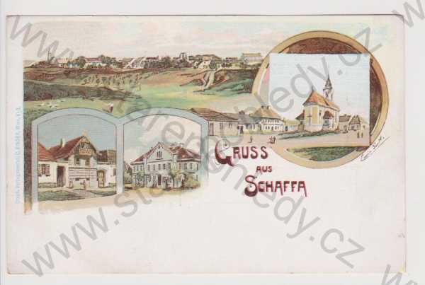  - Šafov (Schaffa) - celkový pohled, kostel, radnice a škola, partie, litografie, DA, koláž, kolorovaná