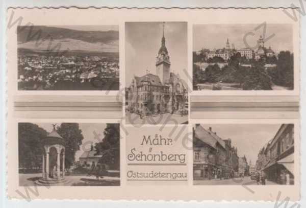  - Šumperk (Mähr. Schönberg), více záběrů, celkový pohled, kostel, pohled ulicí, automobil, zámek