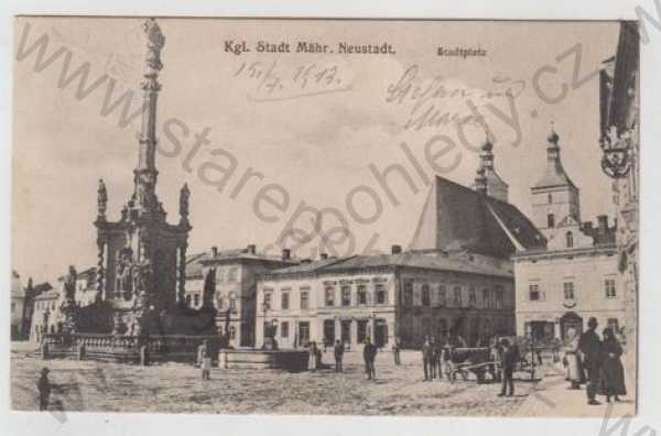  - Uničov (Mähr. Neustadt) - Olomouc, náměstí, socha, sloup, kůň, povoz