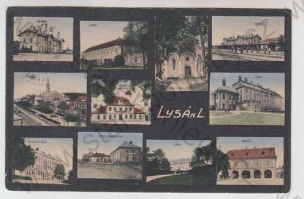  - Lysá nad Labem (Nymburk), více záběrů, nádraží, zámek, spořitelna, škola, hotel, radnice, kolorovaná