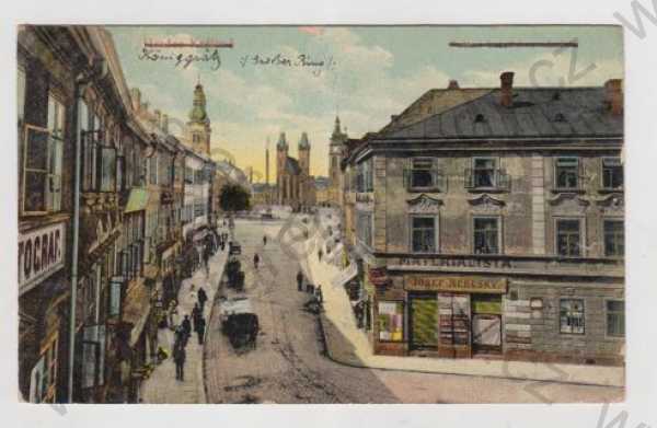 - Hradec Králové, pohled ulicí, kůň, povoz, obchod, kolorovaná