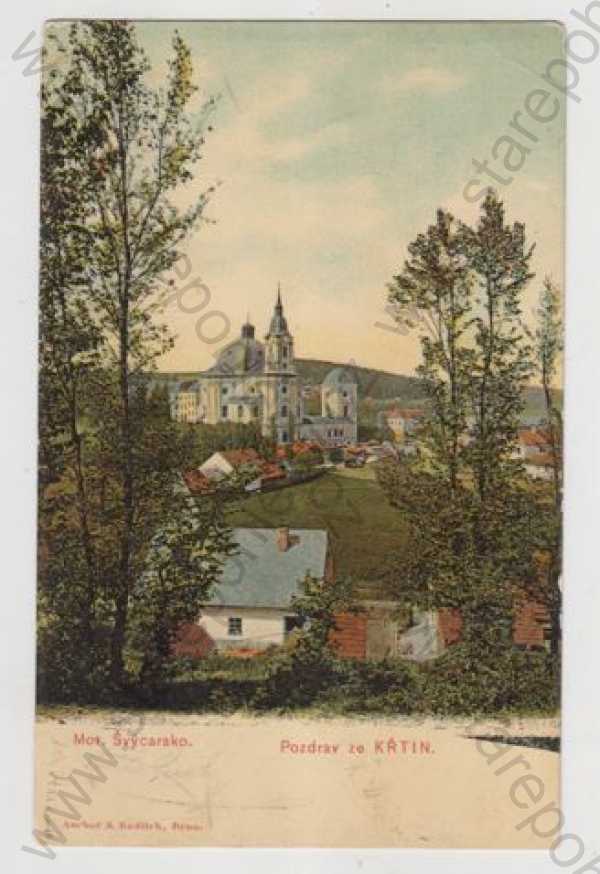  - Křtiny (Blansko), Moravské Švýcarsko, kostel, částečný záběr města, kolorovaná