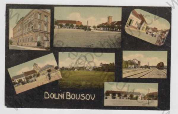  - Dolní Bousov (Mladá Boleslav), více záběrů, náměstí, koleje, nádraží, pohled ulicí, bicykl, celkový pohled, kolorovaná