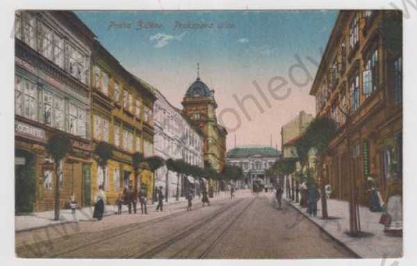  - Žižkov (Praha 3), pohled ulicí, Prokopova ulice, koleje, tramvaj, kolorovaná