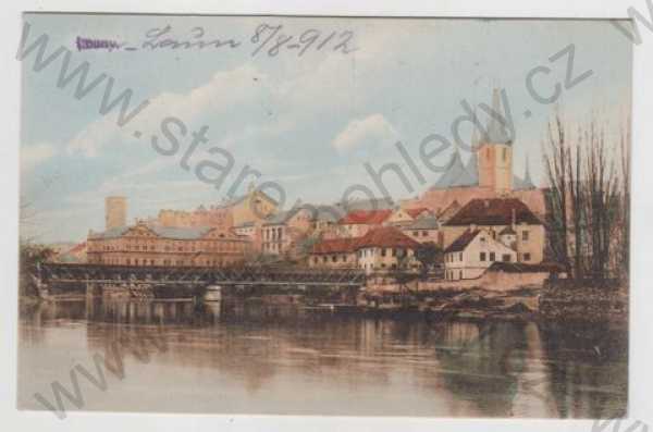  - Louny, řeka, most, částečný záběr města, kolorovaná
