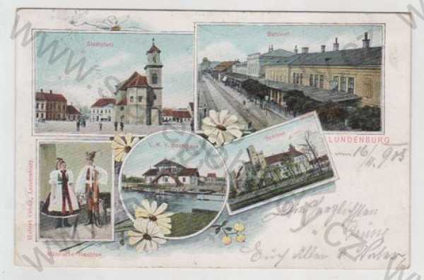  - Břeclav (Lundenburg), více záběrů, náměstí, nádraží, kroj, zámek, kolorovaná, koláž, DA