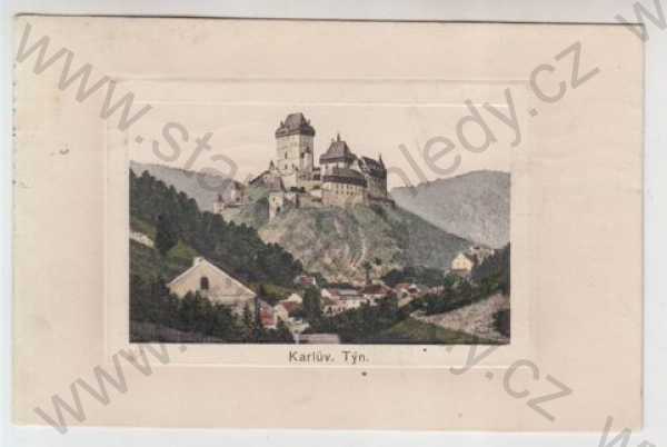  - Karlův Týn (Beroun), Karlštejn, hrad, částečný záběr města, kolorovaná