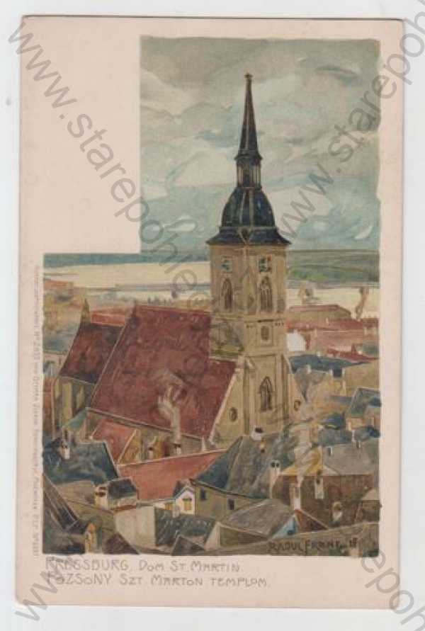  - Slovensko, Bratislava (Pressburg), kostel, částečný záběr města, kolorovaná, Radul Frank, DA