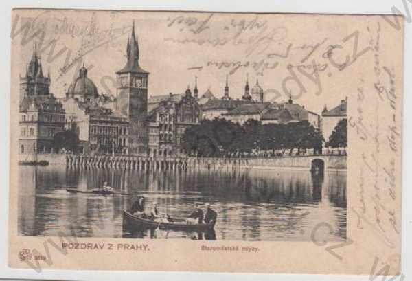  - Praha 1, Smetanovo nábřeží, Mostecká věž, řeka, Vltava, loď, částečný záběr města, DA