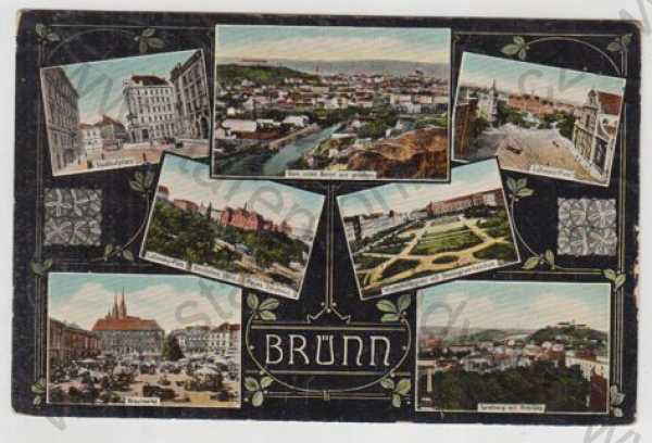  - Brno (Brünn), více záběrů, celkový pohled, náměstí, trh, škola, kolorovaná, koláž