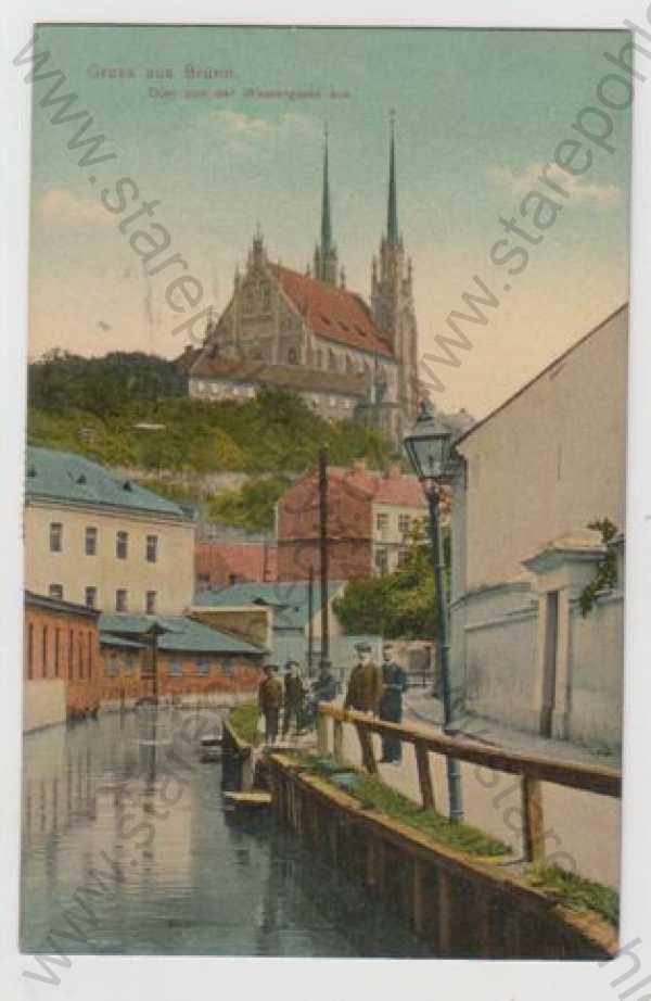  - Brno (Brünn), řeka, pohled ulicí, kostel, kolorovaná