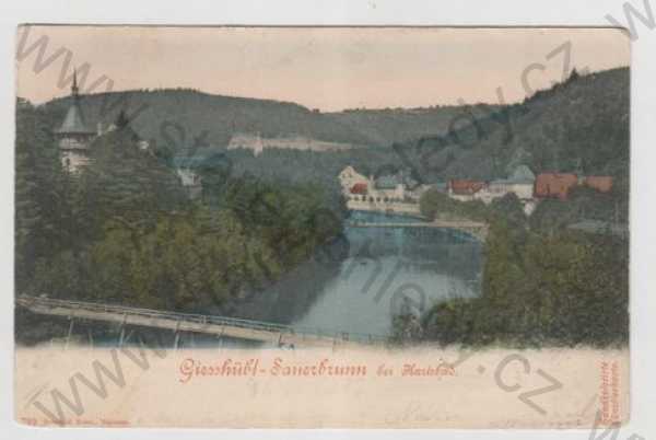  - Kyselka (Sauerbrunn) - Karlovy Vary, řeka, most, částečný záběr města, kolorovaná, DA