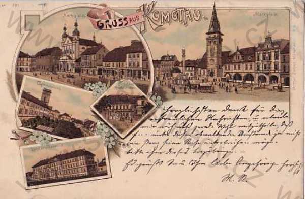  - Chomutov, kolorovaná, koláž, DA, náměstí, gymnasium, kasárna