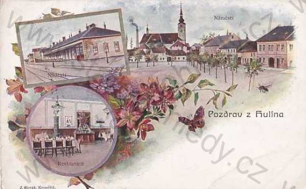  - Hulín, Kroměříž, barevná, koláž, náměstí, nádraží, restaurace