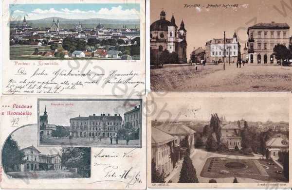  - Kroměříž, 4 ks, náměstí, celkový pohled, zámek, nádraží