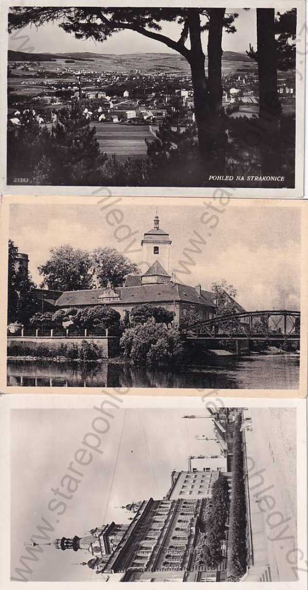  - 3x pohlednice: Strakonice, kostel, radnice, celkový pohled