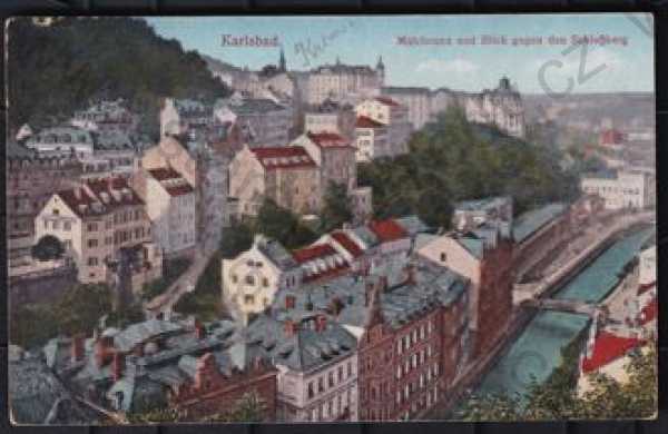  - Karlovy Vary (Karlsbad), pohled na město z výšky, kostel, kolonáda, kolorovaná