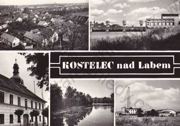  - Kostelec nad Labem (Mělník) cíce záběrů: celkový pohled, zámek, Labe, továrna