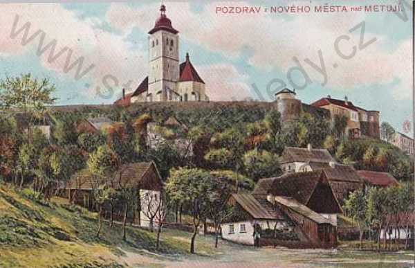  - Nové Město nad Metují, Náchod, kolorovaná, kostel, chalupy