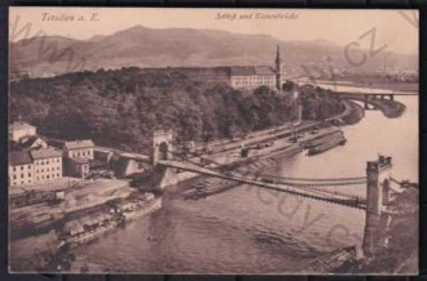  - Děčín (Tetschen), pohled na město z výšky, zámek, most, řeka, loď