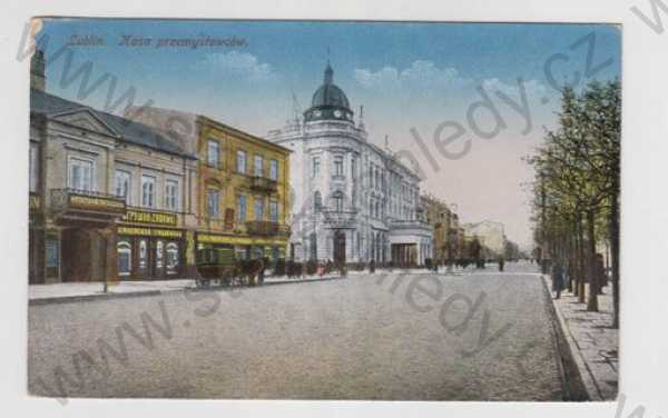  - Polsko, Lublin (Woj. Lubelskie), pohled ulicí, kůň, kočár, povoz, kolorovaná