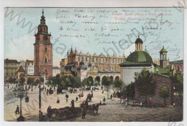  - Polsko, Kraków (Krakau) - Woj. MAlopolskie, náměstí, věž, kůň, povoz, kolorovaná