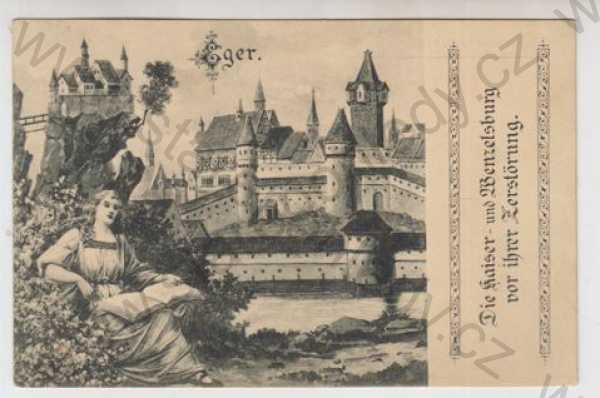  - Cheb (Eger), hrad, žena, litografie