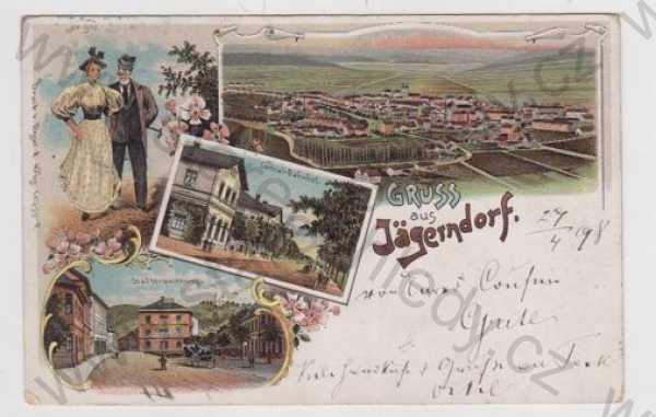  - Krnov (Jägerndorf) - Bruntál, více záběrů, celkový pohled, pohled ulicí, náměstí, kůň, kočár, žena, muž, šaty, móda, kolorovaná, koláž, DA