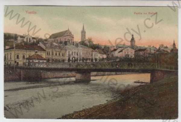  - Vsetín, Bečva, partie, most, částečný záběr města, kolorovaná