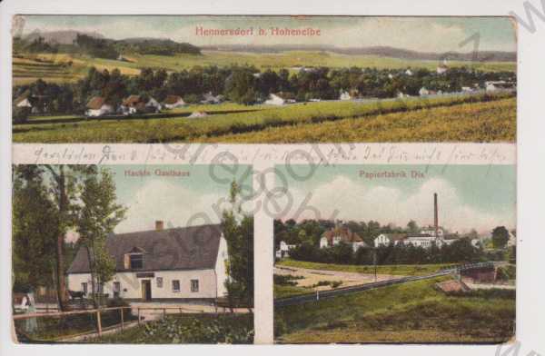  - Dolní Branná (Hennersdorf) - celkový pohled, hostinec Hackl, papírna, kolorovaná