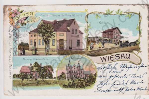  - Polsko - Wiesau - obchod, nádraží, vila Barth, litografie, DA, koláž, kolorovaná