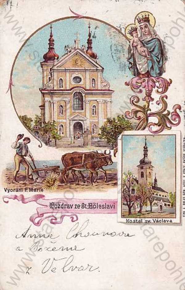  - Stará Boleslav (Praha - východ), kostel, oráč, dobytek, kresba, barevná, DA