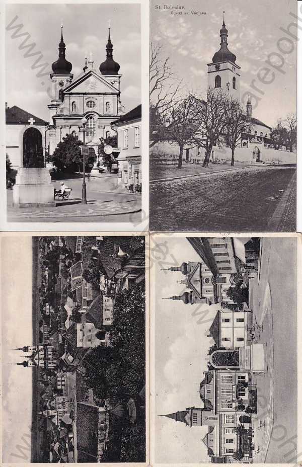  - 4x pohlednice: Stará Boleslav (Praha - východ), kostel, náměstí, celkový pohled