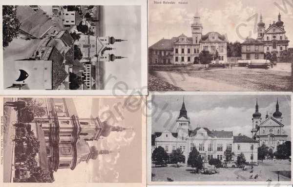  - 4x pohlednice: Stará Boleslav (Praha - východ), kostel, náměstí, celkový pohled