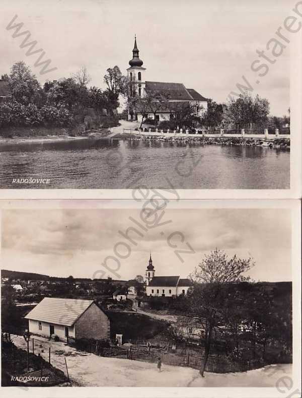  - 2x pohlednice: Radošovice (Praha - východ), celkový pohled, kostel