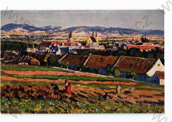  - Kroměříž, celkový pohled, v pozadí hory Beskydy, malíř S. Lolek