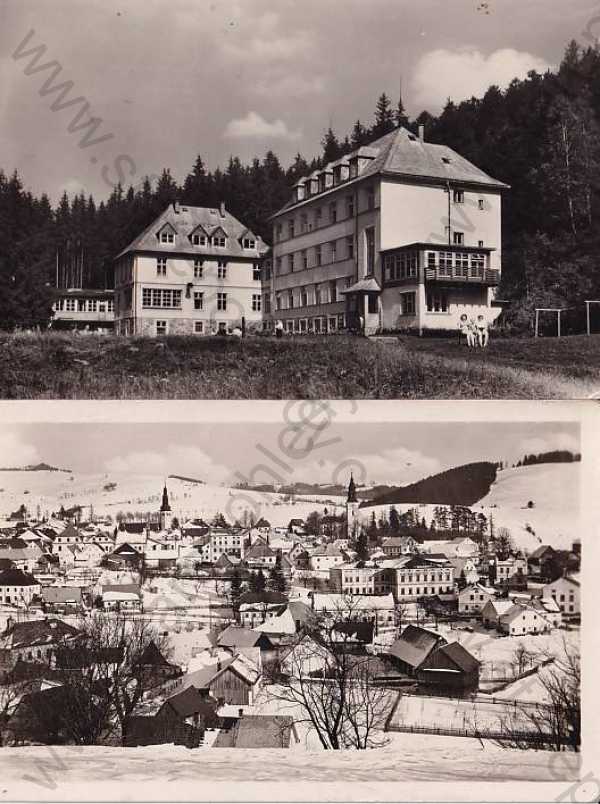  - 2x pohlednice: Staré Město pod Sněžníkem (Šumperk - Schönberg), celkový pohled, chata