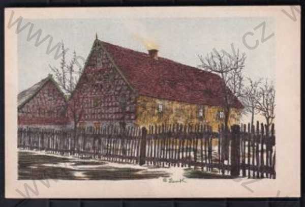  - Chebský dům, Oberlohma (Cheb), kolorovaná, dům, plot
