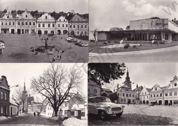 - 4x pohlednice: Pelhřimov, náměstí, kino, kostel