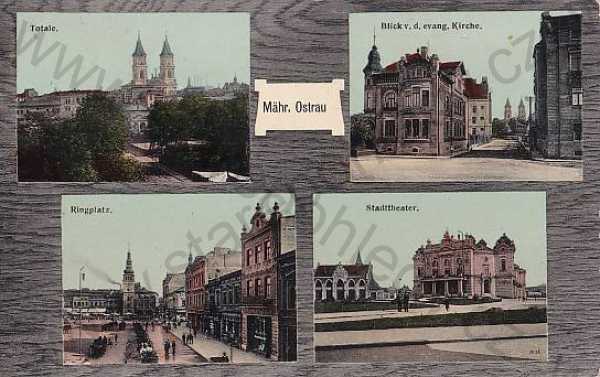  - Ostrava Moravská, náměstí, kolorovaná, divadlo, kostel, náměstí