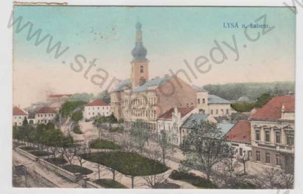  - Lysá nad Labem (Nymburk), náměstí, částečný záběr města, kolorovaná