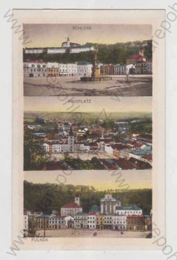  - Fulnek (Nový Jičín), více záběrů, zámek, náměstí, částečný záběr města, kolorovaná